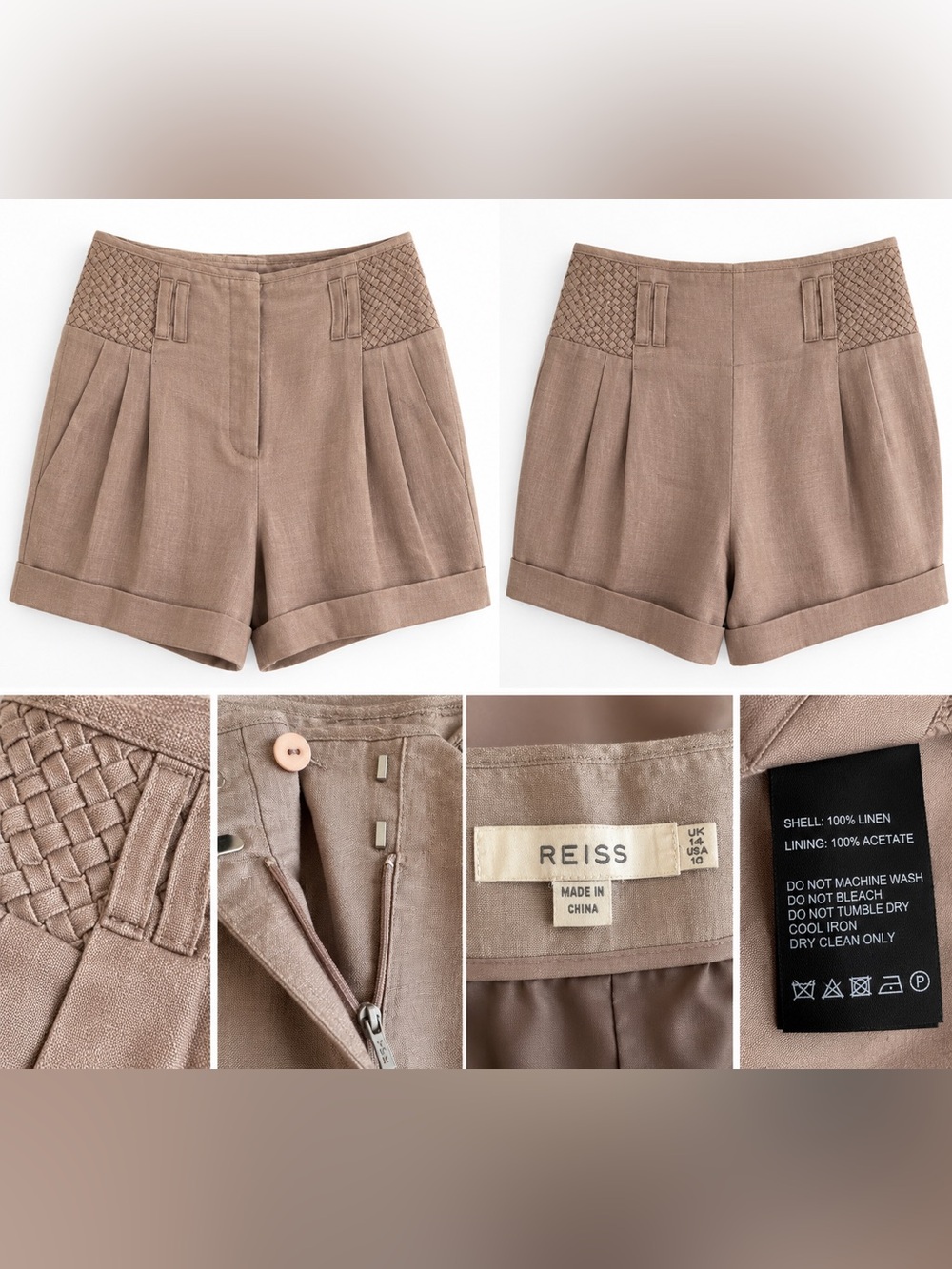 REISS 100% Linen Taupe Pleated Tailored High Waist Shorts US 10